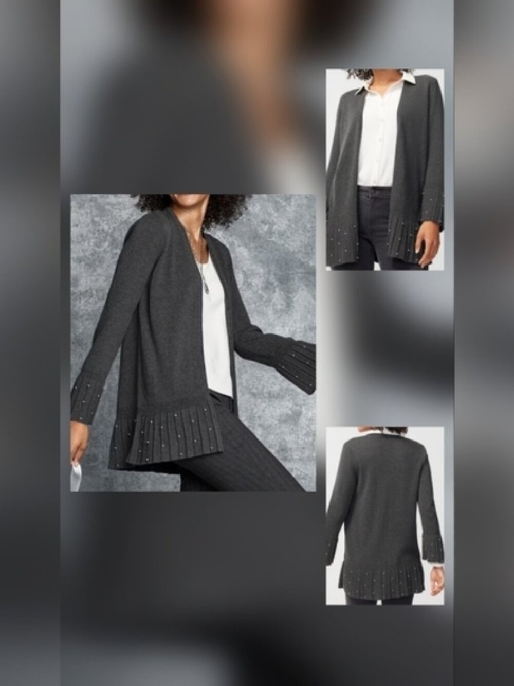 Chico's SZ 0/S Open Front Longline Lagenlook Black Pleated Faux Pearl Cardigan